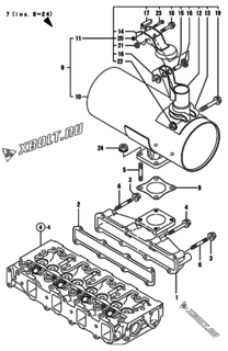  Двигатель Yanmar 4TNE84-BAG, узел -  Выпускной коллектор и глушитель 