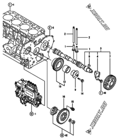  Двигатель Yanmar 4TNE88-EAD1, узел -  Распредвал и приводная шестерня 