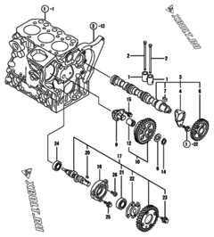  Двигатель Yanmar 3TNE74C-ECR, узел -  Распредвал и приводная шестерня 