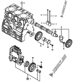 Двигатель Yanmar 3TNV76-KWA, узел -  Распредвал и приводная шестерня 