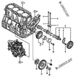  Двигатель Yanmar 4TNV98-VNS, узел -  Распредвал и приводная шестерня 