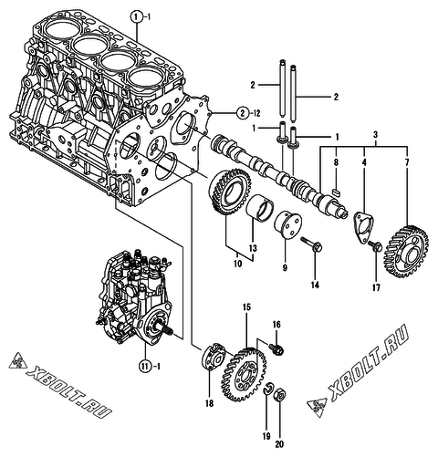  Распредвал и приводная шестерня двигателя Yanmar 4TNV88-PCKS
