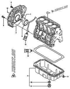  Двигатель Yanmar 4TNE98-HYF, узел -  Маховик с кожухом и масляным картером 
