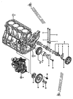  Двигатель Yanmar 4TNV98-VHYB, узел -  Распредвал и приводная шестерня 