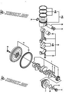  Двигатель Yanmar 4TNE94-DBC, узел -  Коленвал и поршень 