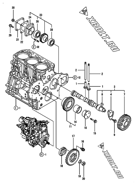  Распредвал и приводная шестерня двигателя Yanmar 3TNV88-XAT