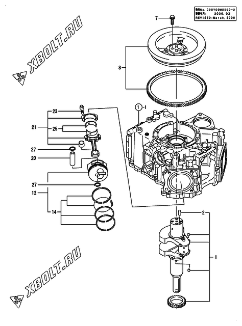  Коленвал и поршень двигателя Yanmar 2V750-CVTX