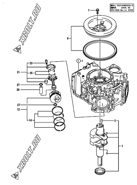  Коленвал и поршень двигателя Yanmar 2V750-DVBF