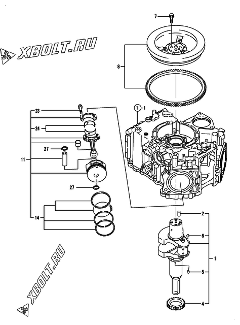  Коленвал и поршень двигателя Yanmar 2V78R-CA