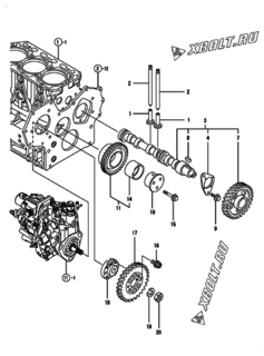  Двигатель Yanmar 3TNV88-SSU, узел -  Распредвал и приводная шестерня 