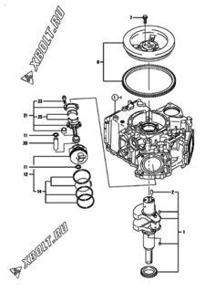  Двигатель Yanmar 2V750-CVFE, узел -  Коленвал и поршень 