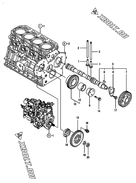  Распредвал и приводная шестерня двигателя Yanmar 4TNV88-GMG