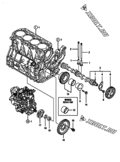  Двигатель Yanmar 4TNV98T-GKL, узел -  Распредвал и приводная шестерня 