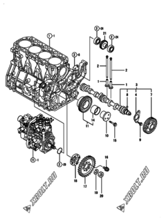  Двигатель Yanmar 4TNV98-XAT, узел -  Распредвал и приводная шестерня 
