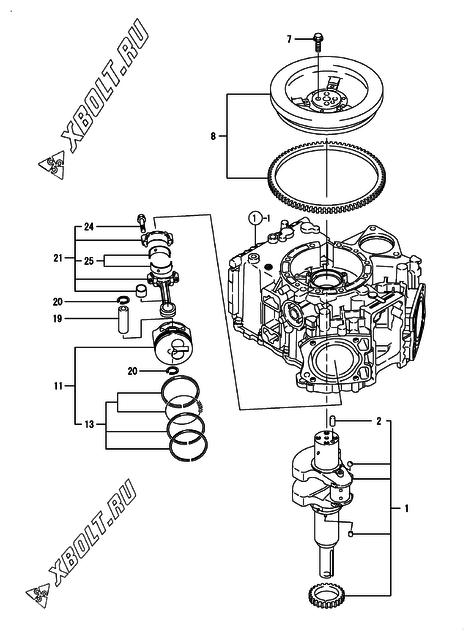  Коленвал и поршень двигателя Yanmar 2V750-CVXL