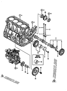  Двигатель Yanmar 4TNV98T-NDI, узел -  Распредвал и приводная шестерня 