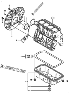  Двигатель Yanmar 4TNE92-HRJ, узел -  Маховик с кожухом и масляным картером 