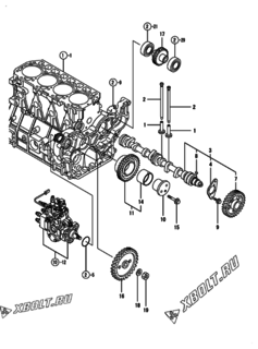  Двигатель Yanmar 4TNE92-HRJ, узел -  Распредвал и приводная шестерня 