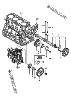  Двигатель Yanmar 4TNV98-SSA, узел -  Распредвал и приводная шестерня 