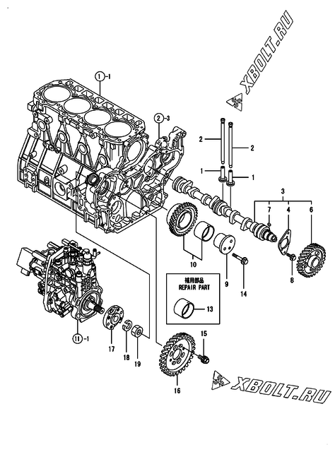  Распредвал и приводная шестерня двигателя Yanmar 4TNV98-ZWDB5