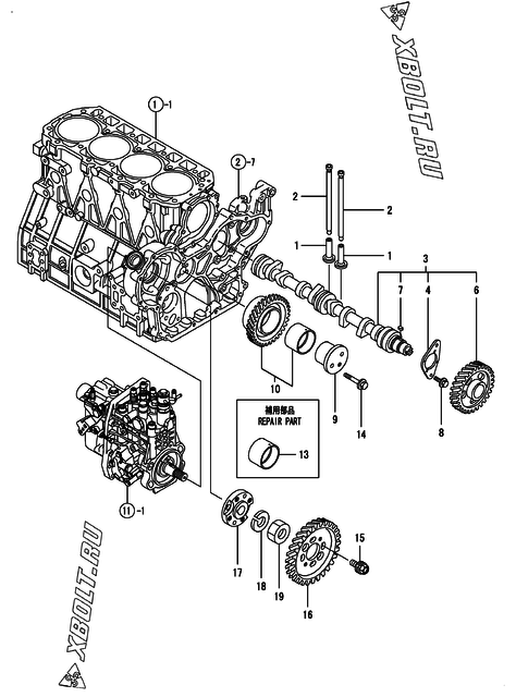  Распредвал и приводная шестерня двигателя Yanmar 4TNV94L-PDBWK