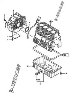  Двигатель Yanmar 4TNV106T-GGE, узел -  Маховик с кожухом и масляным картером 