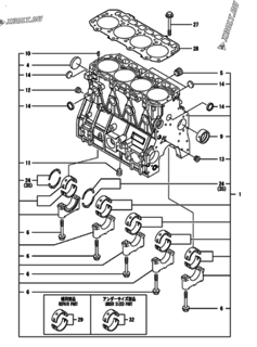  Двигатель Yanmar 4TNV98-ZNDS, узел -  Блок цилиндров 