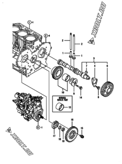  Двигатель Yanmar 3TNV88-BSNS, узел -  Распредвал и приводная шестерня 