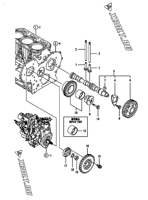  Распредвал и приводная шестерня двигателя Yanmar 3TNV88-BPNS