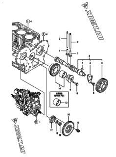  Двигатель Yanmar 3TNV88-BPNS, узел -  Распредвал и приводная шестерня 