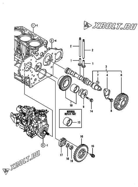  Распредвал и приводная шестерня двигателя Yanmar 3TNV88-BKGWL
