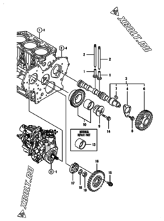  Двигатель Yanmar 3TNV88-BSDB, узел -  Распредвал и приводная шестерня 