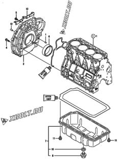  Двигатель Yanmar 4TNE98-UPOM, узел -  Маховик с кожухом и масляным картером 
