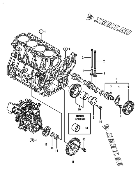  Распредвал и приводная шестерня двигателя Yanmar 4TNV98-ZVHYB