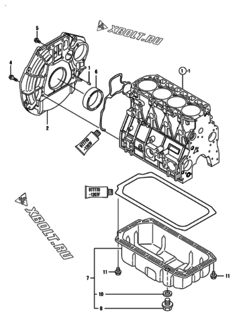  Двигатель Yanmar 4TNE98-BQCKS, узел -  Маховик с кожухом и масляным картером 