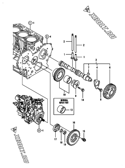  Распредвал и приводная шестерня двигателя Yanmar 3TNV88-BSHYB