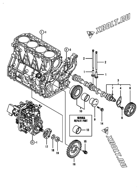  Распредвал и приводная шестерня двигателя Yanmar 4TNV98-ZNWI