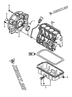  Двигатель Yanmar 4TNV98-ZPTX, узел -  Маховик с кожухом и масляным картером 