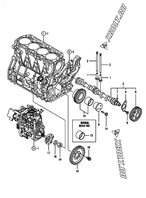  Распредвал и приводная шестерня двигателя Yanmar 4TNV98-ZPTX