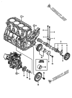  Двигатель Yanmar 4TNV98-ZVNS, узел -  Распредвал и приводная шестерня 