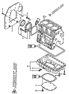  Двигатель Yanmar 3TNV82A-KVA, узел -  Крепежный фланец и масляный картер 