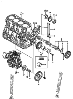  Двигатель Yanmar 4TNV98T-ZXLA2, узел -  Распредвал и приводная шестерня 