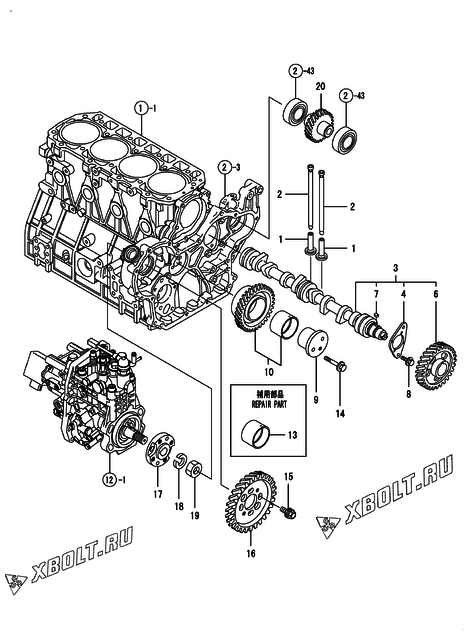  Распредвал и приводная шестерня двигателя Yanmar 4TNV98-ZNCR2