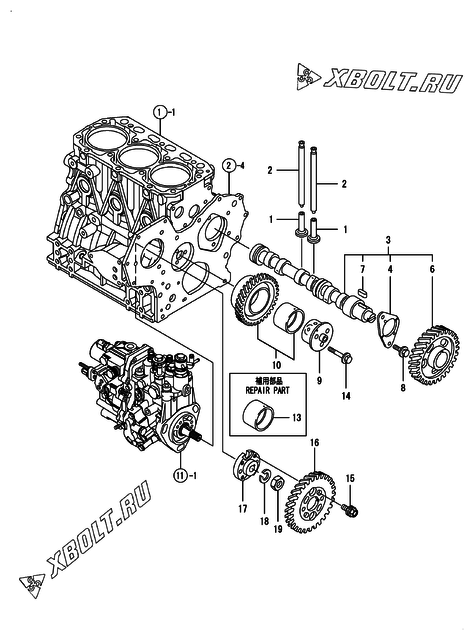  Распредвал и приводная шестерня двигателя Yanmar 3TNV88-BDWL