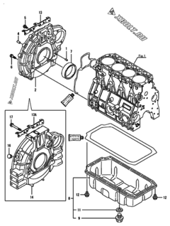  Двигатель Yanmar 4TNE98-UPOMD2, узел -  Маховик с кожухом и масляным картером 