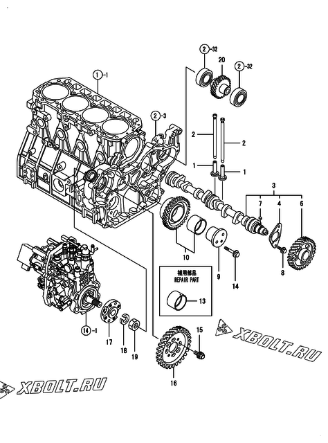  Распредвал и приводная шестерня двигателя Yanmar 4TNV98T-ZXCR