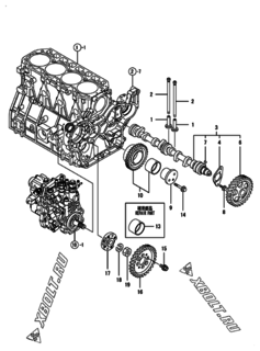  Двигатель Yanmar 4TNV98-GGKM, узел -  Распредвал и приводная шестерня 