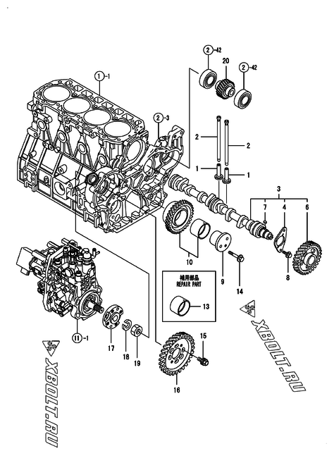  Распредвал и приводная шестерня двигателя Yanmar 4TNV98-ZPLYS