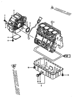  Двигатель Yanmar 4TNV106-GGEA, узел -  Маховик с кожухом и масляным картером 