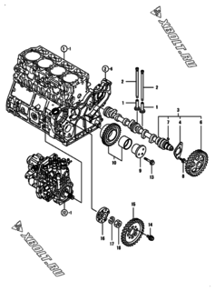  Двигатель Yanmar 4TNV106-GGEA, узел -  Распредвал и приводная шестерня 